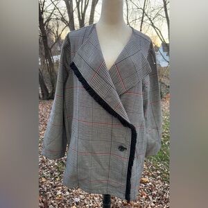 Laurie Felt Zoe Black & White Plaid Fringe Trim Wrap Coat/Blazer XL NEW WITH TAG